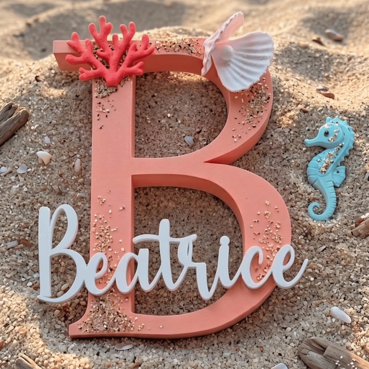 Lettera B 3D da 20 cm colore salmone con decorazioni tema mare